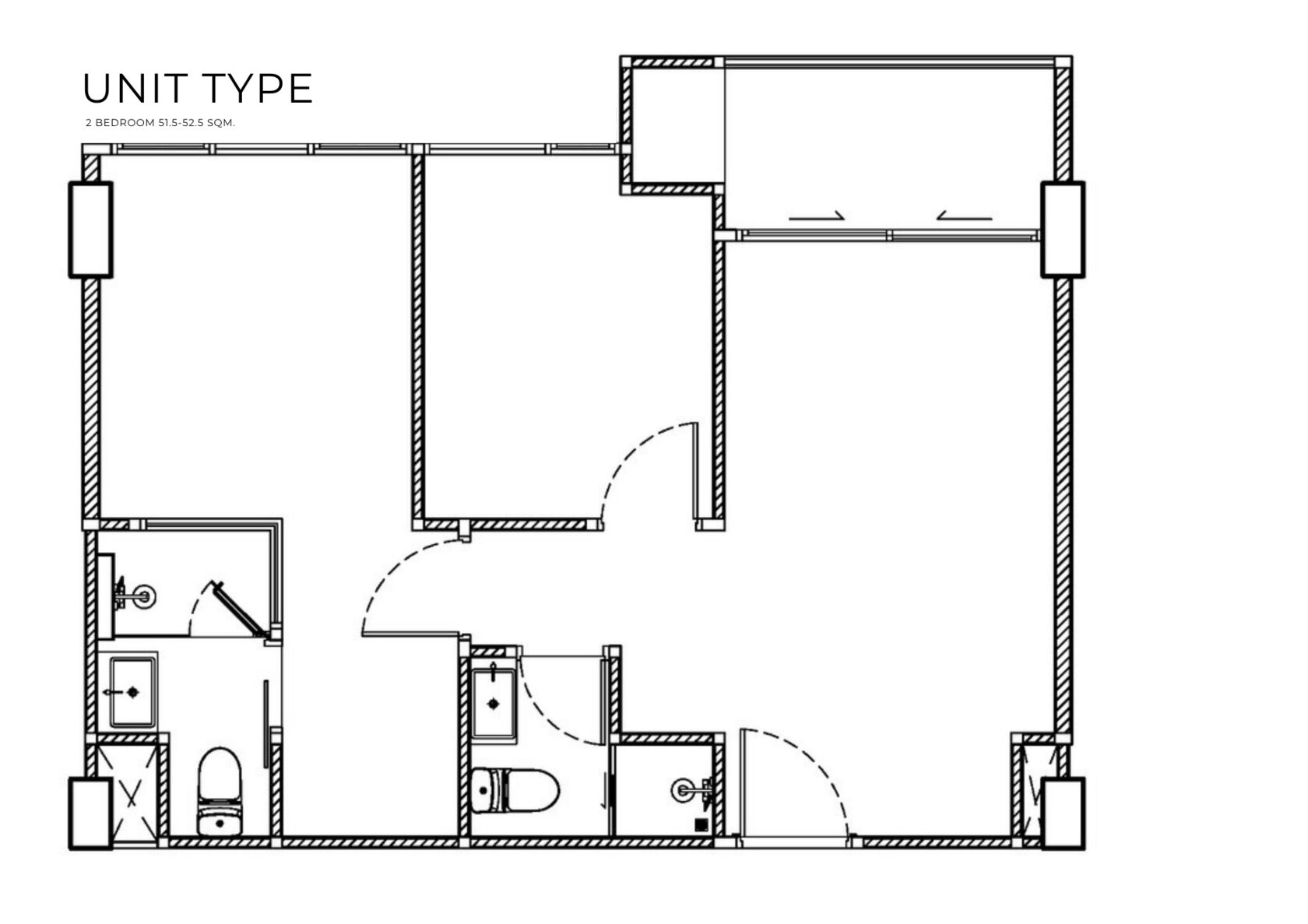 Embassy World Pattaya 2 bedrooms floor plan, 51.5–52.5 sqm