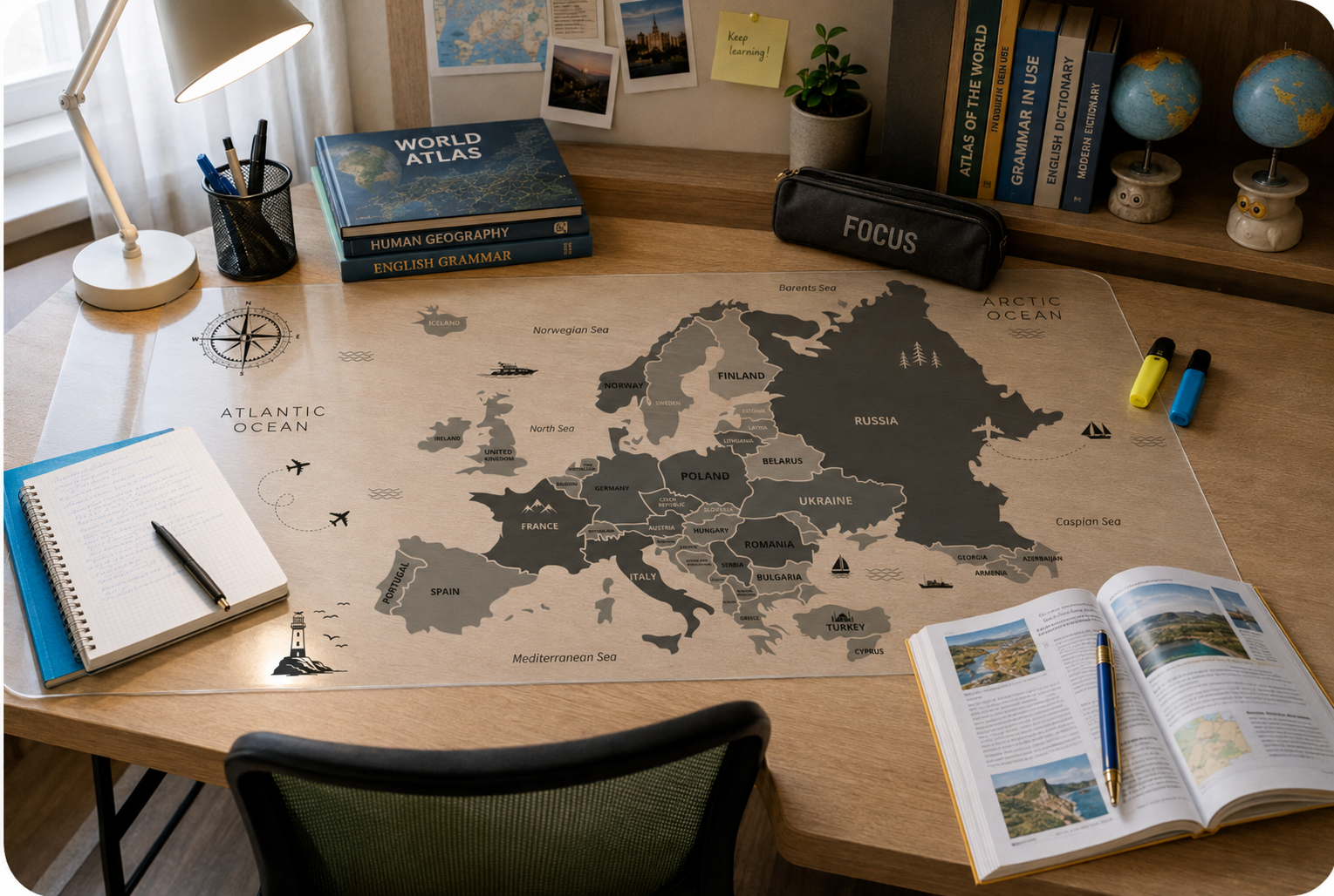 Nappe transparente avec carte Europe graphite sur un bureau d’étudiant