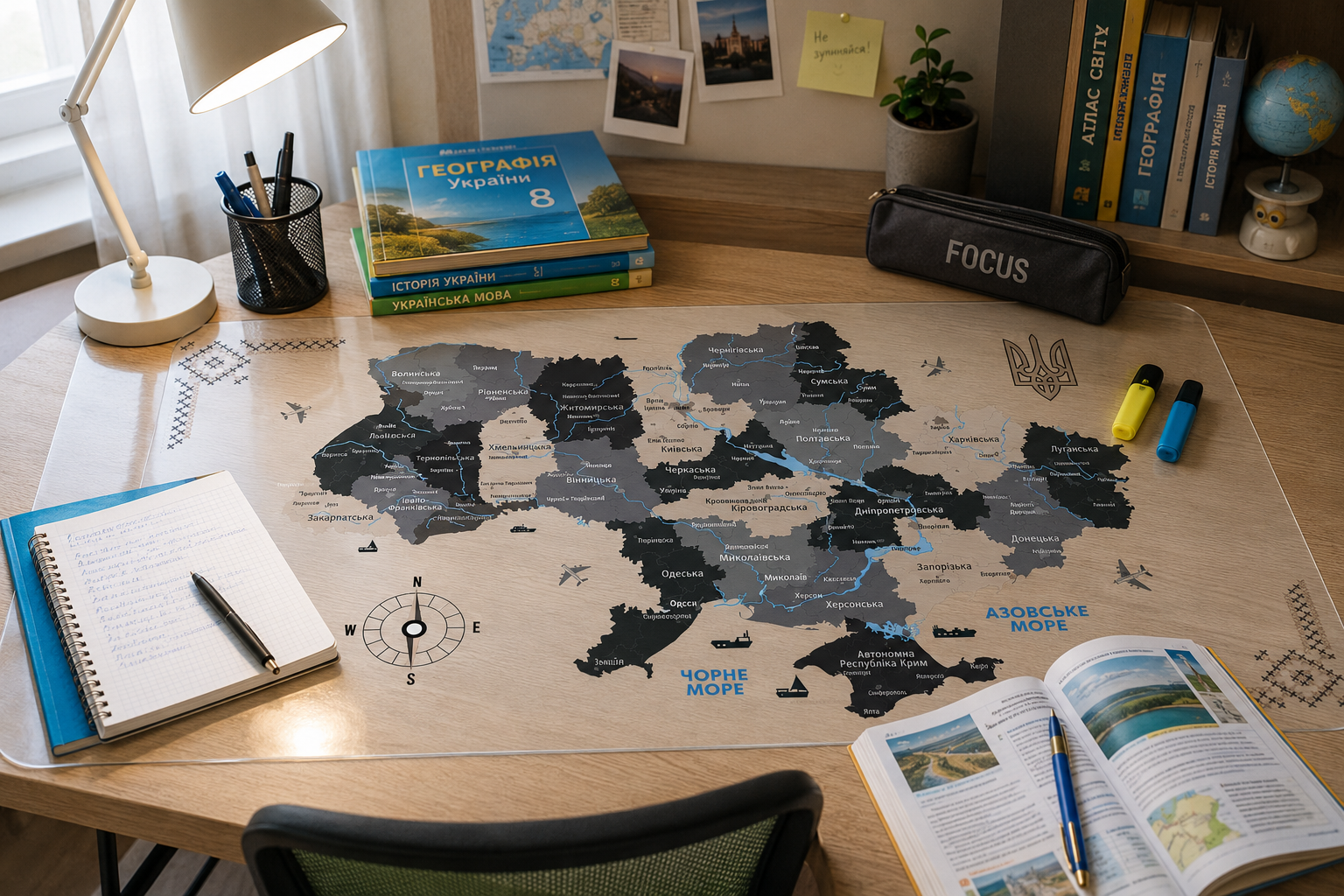 М'яке скло з картою України на столі студента