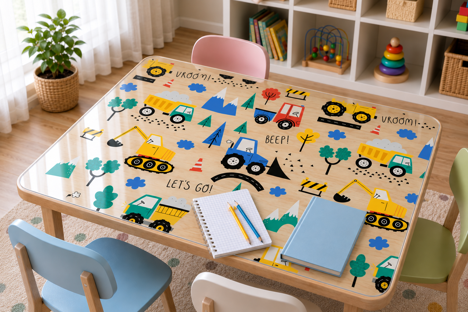 Nappe transparente motif éducatif sur bureau d’écolier