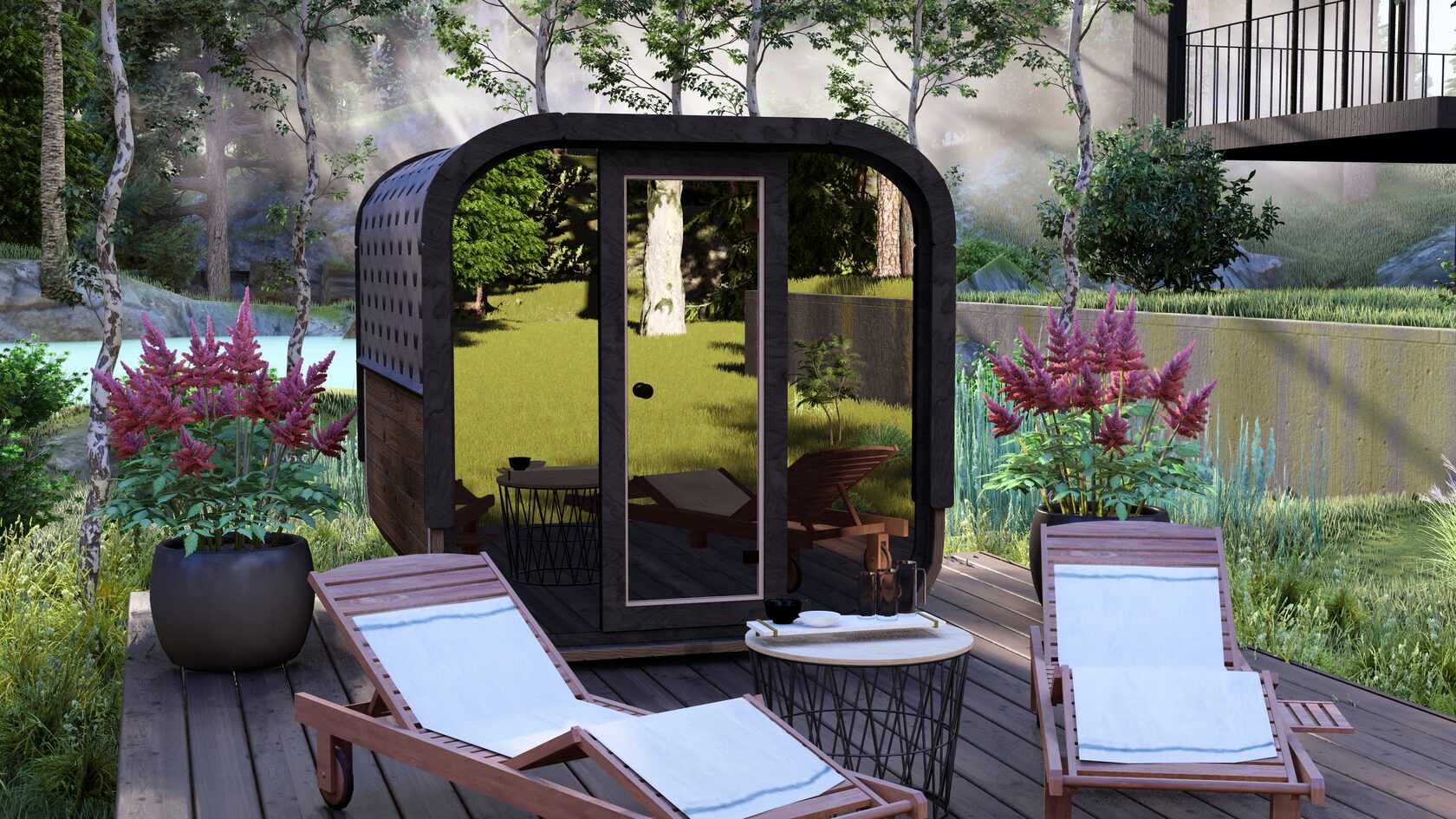 Całoszklana, lustrzana frontowa ściana z drzwiami