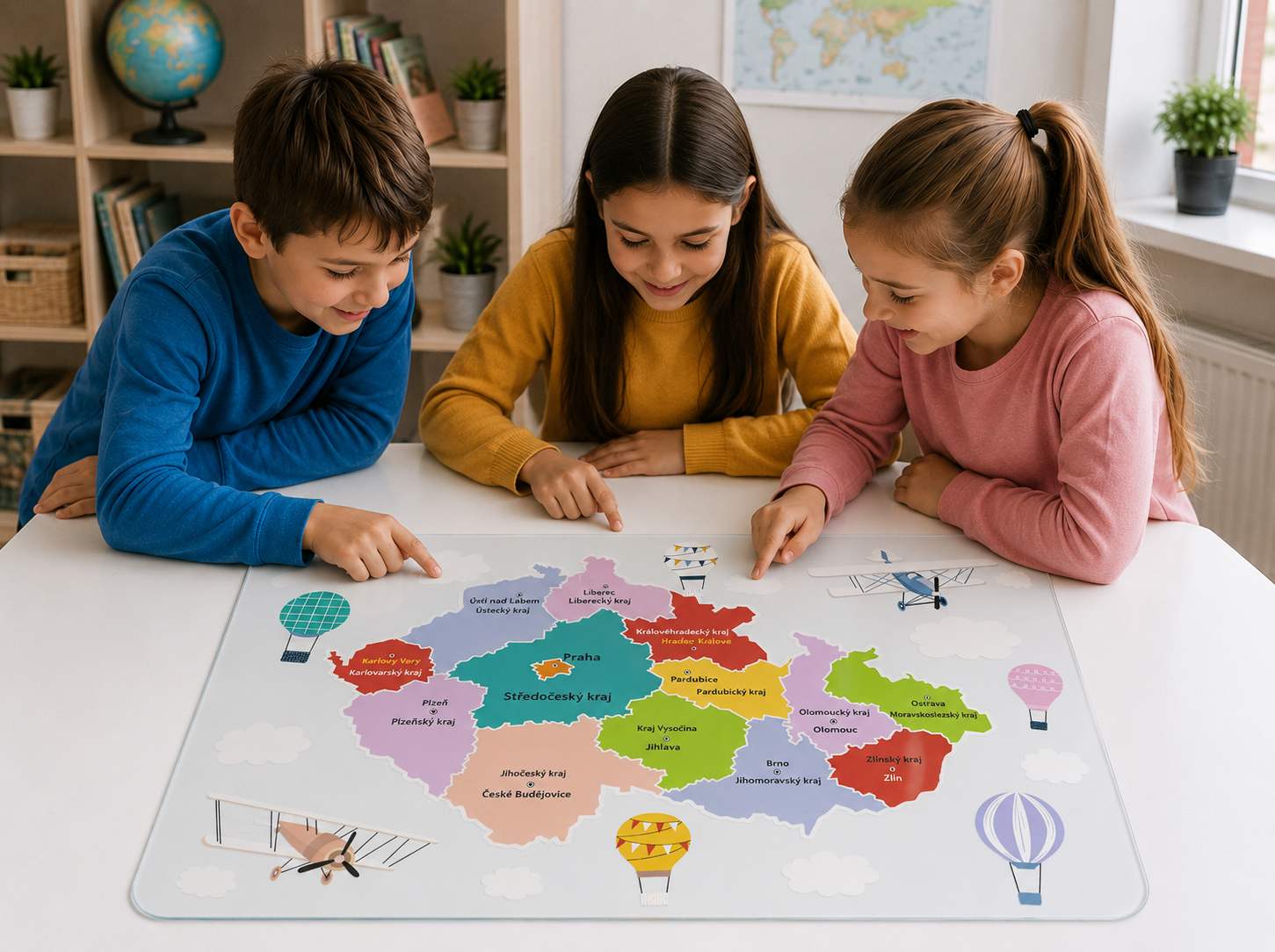 Pružné sklo s Mapou Česka na psacím stole žáka