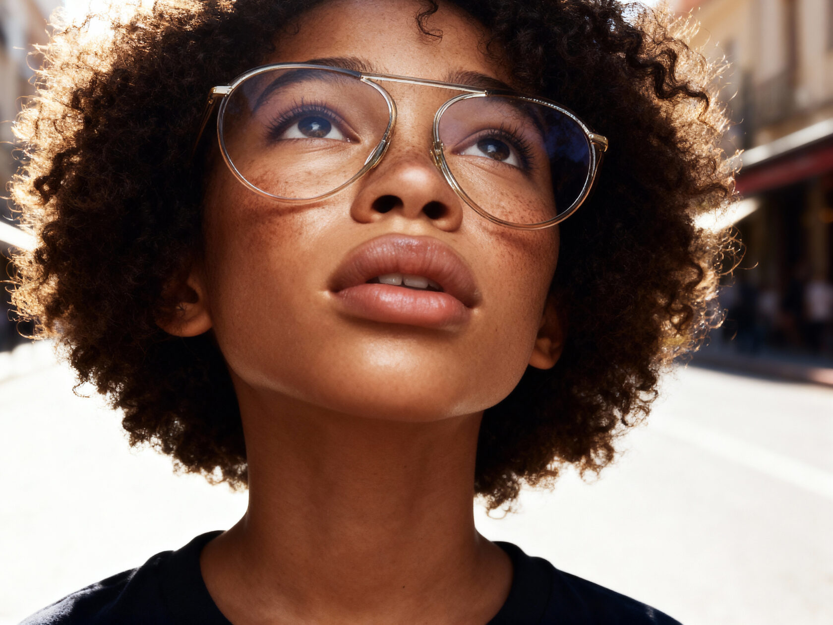 AI character eyewear study: low-angle view