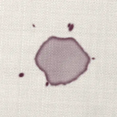 Symbolbild: eingetrockneter Rotweinfleck mit violettem Rand auf hellem Sofastoff in Nahaufnahme. Mit Vorbehandlung wird so ein Schatten bei Shikardos Reinigung in Wiesbaden meist deutlich heller.