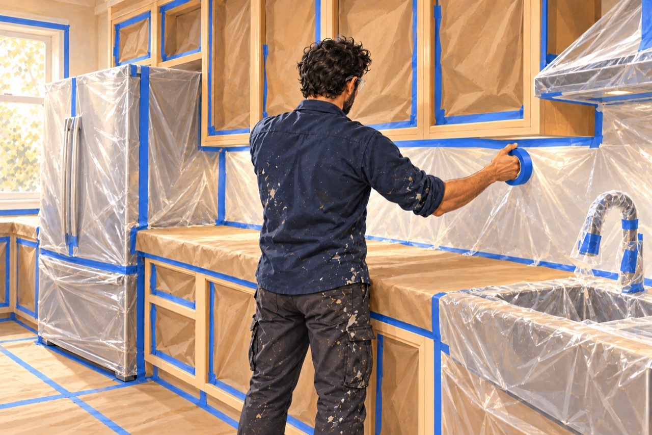 Illustration of a painter masking a kitchen with protective paper, plastic sheeting and tape before painting