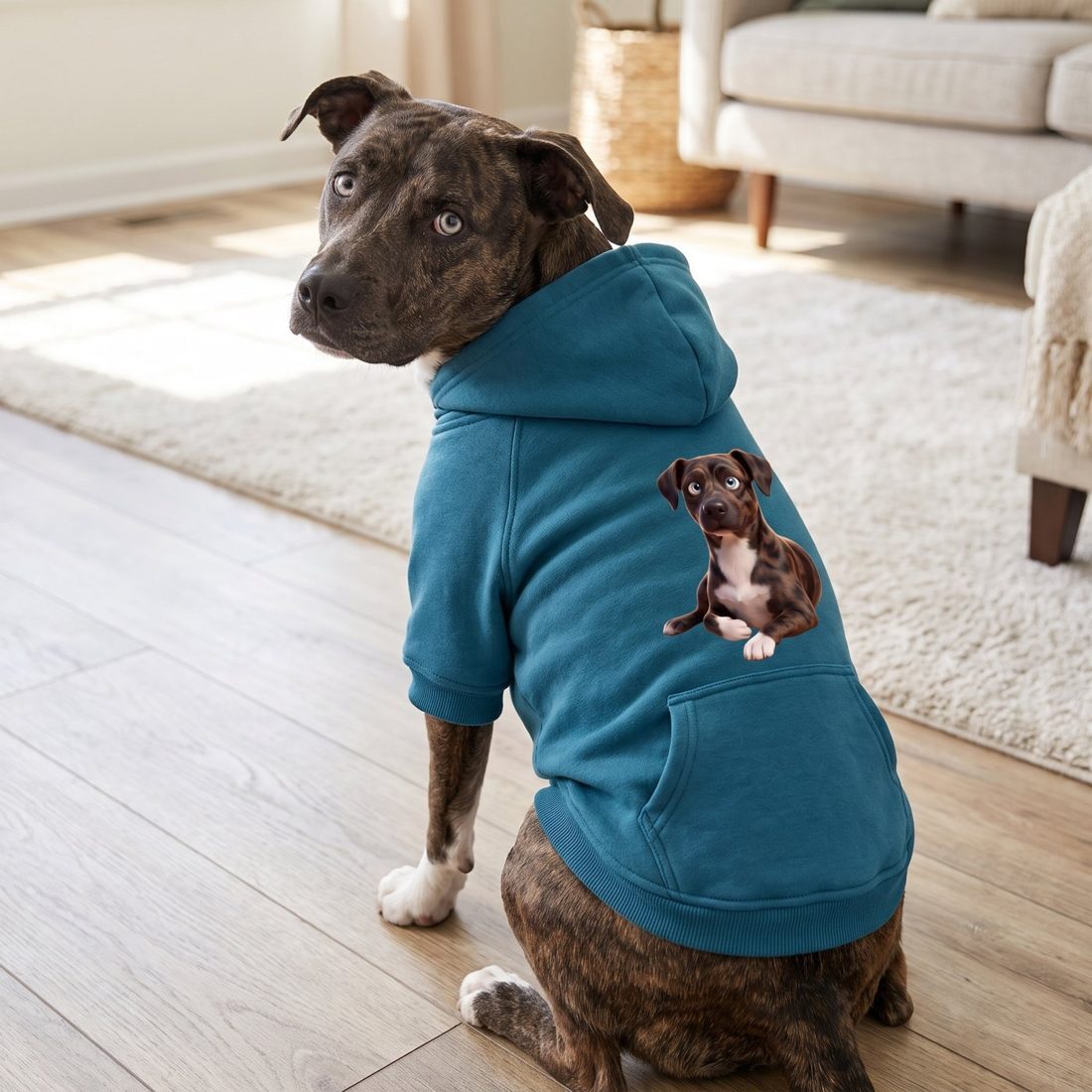 Dog in a custom hoodie