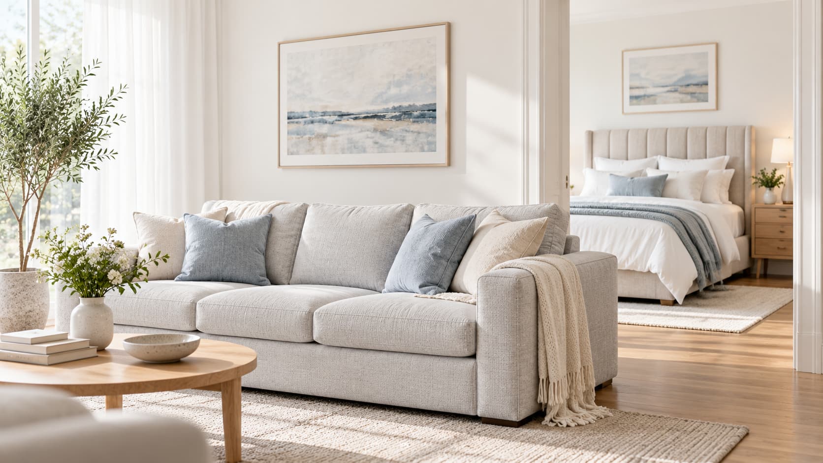 Sofa reinigen lassen in Hanau – Shikardos Reinigung Symbolbild: helles Wohnzimmer mit grauem Stoffsofa und Blick durch die offene Tür auf ein Bett mit gepolstertem Kopfteil. Shikardos Reinigung reinigt Sofa und Kopfteil in Hanau in einem Termin.