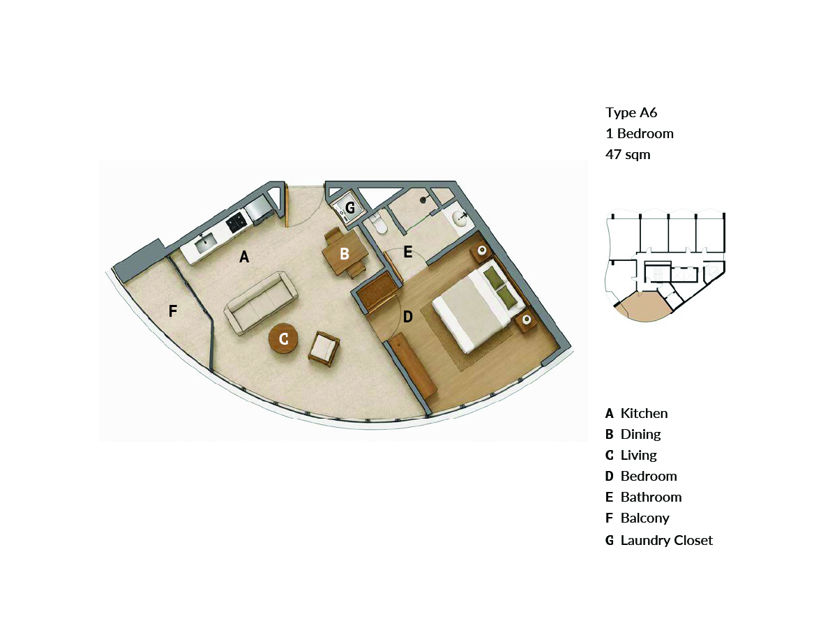 Elegance Residence floor plan type A6, 1 bedroom, 47 sq.m