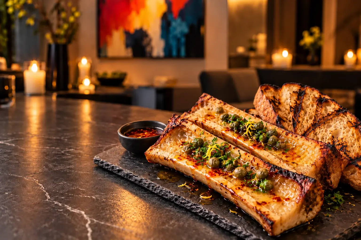 Roasted Bone Marrow, served with charred sourdough, parsley and capers, chili oil, lemon zest, and sauce, rich and warm — private chef Marina Staver, Miami