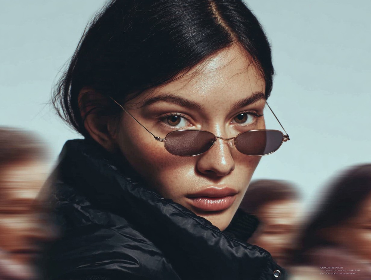 Eyewear visual research study 07: portrait with moving background figures