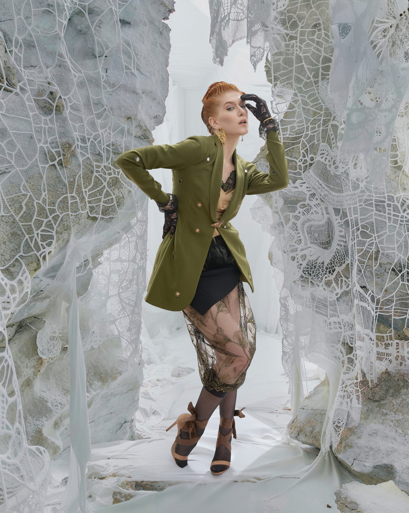 Weave Tale — Olive jacket and lace skirt