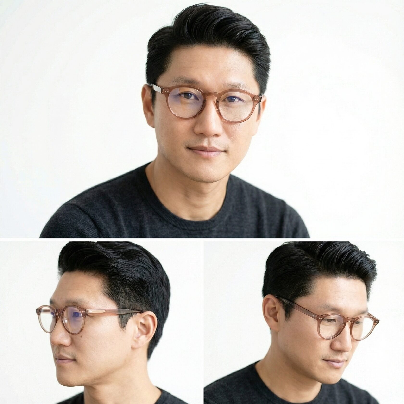 AI character with integrated eyewear shown from several viewpoints