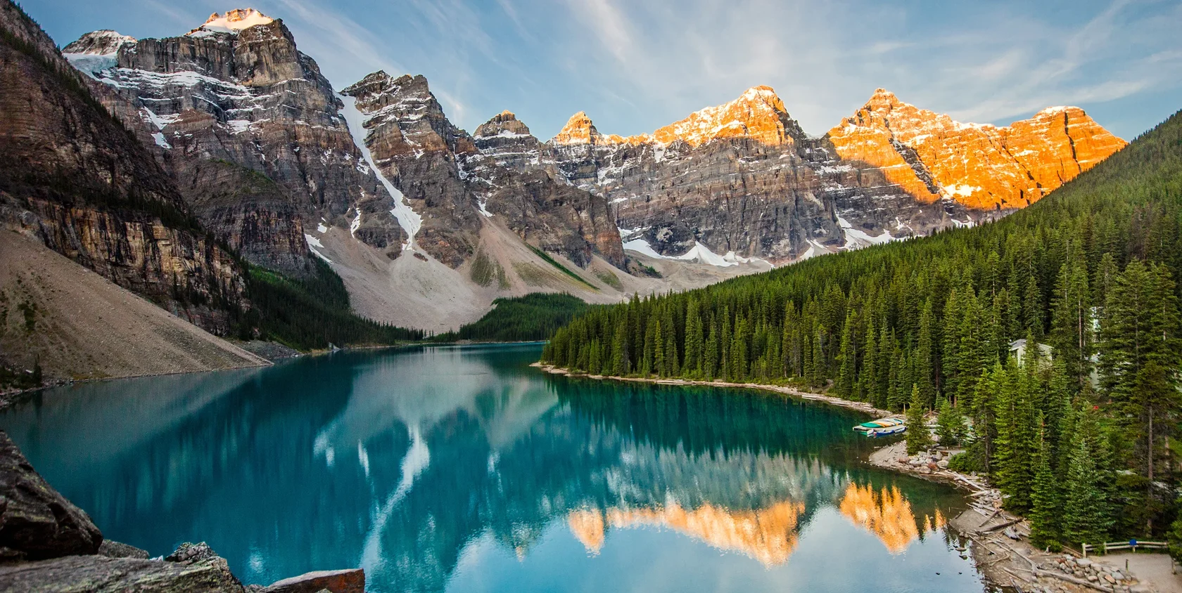 Moraine Lake and mountain peaks in the Canadian Rockies.