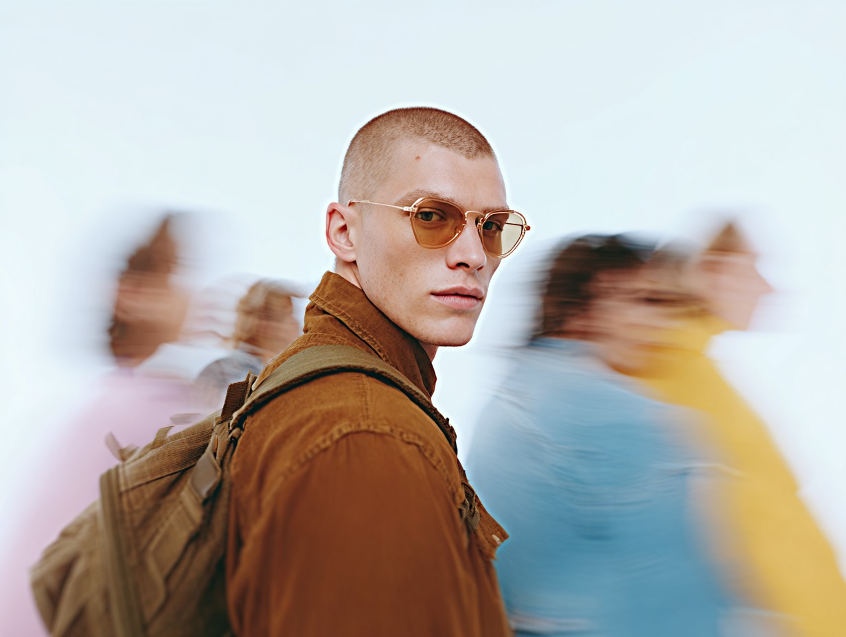 Eyewear visual research study 10: portrait with moving background figures