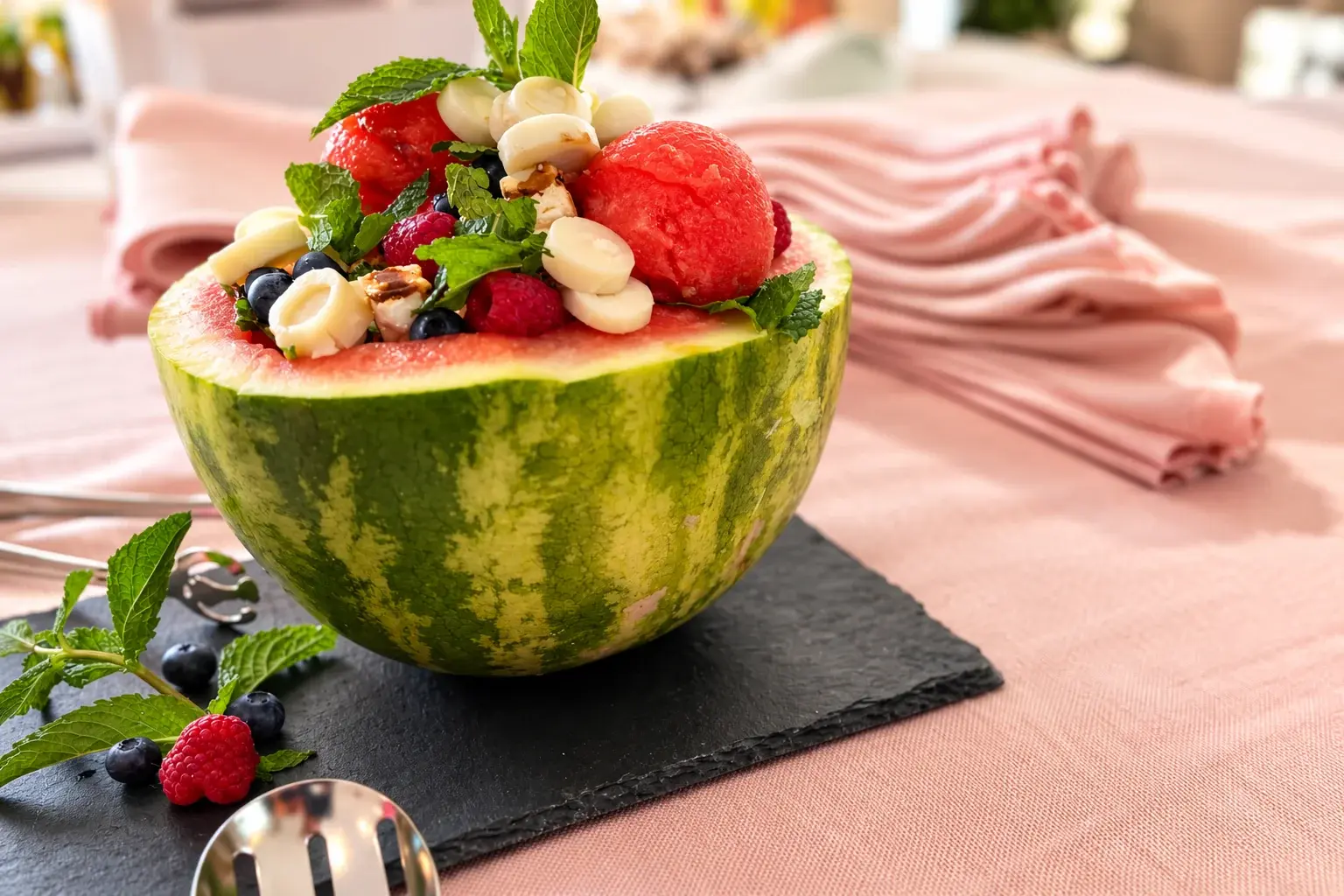Watermelon bowl with mozzarella, berries and mint — a daytime party I cooked this spring, Miami private chef Marina Staver
