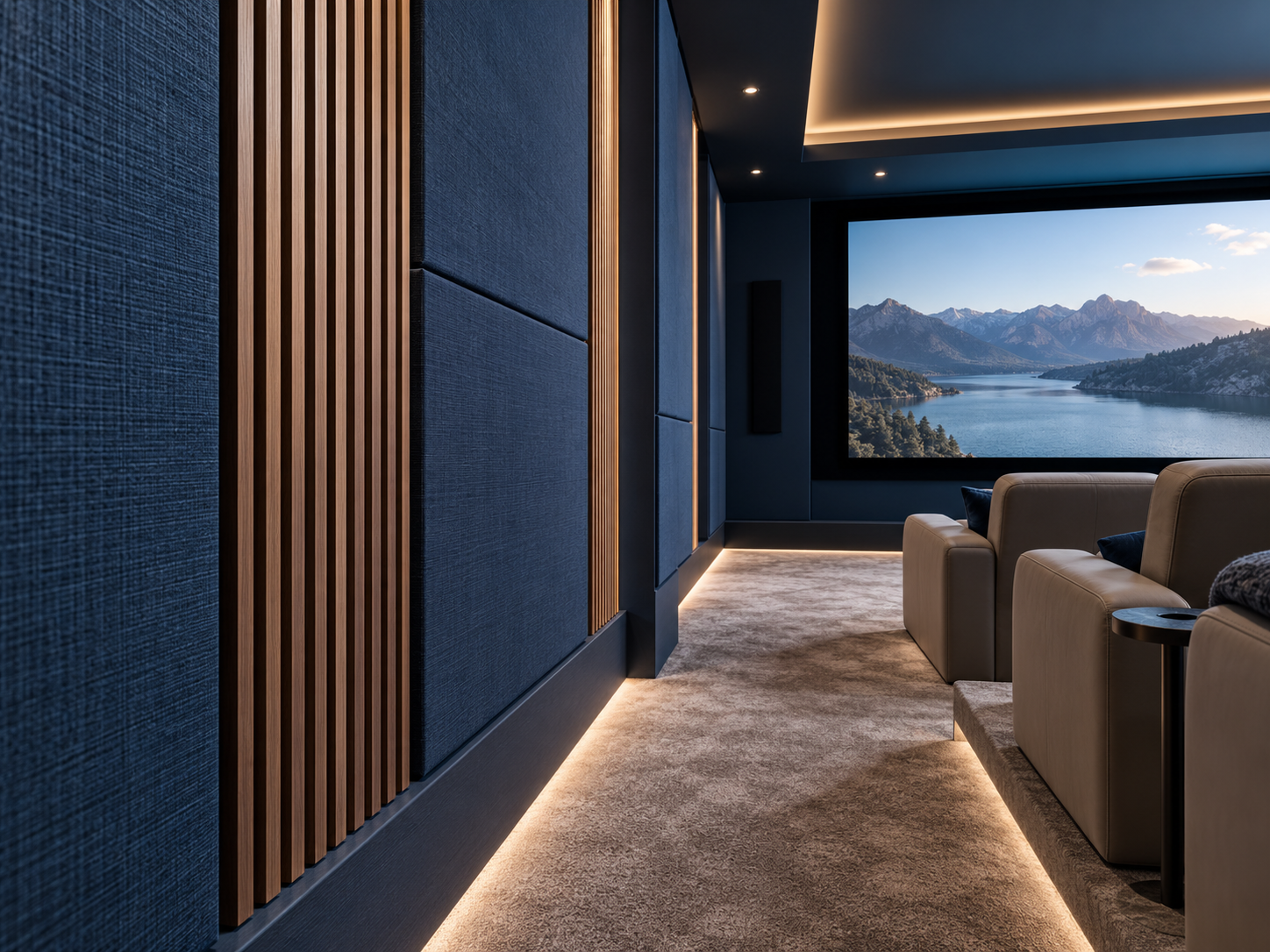 Concept home cinema with acoustic fabric panels and timber slats