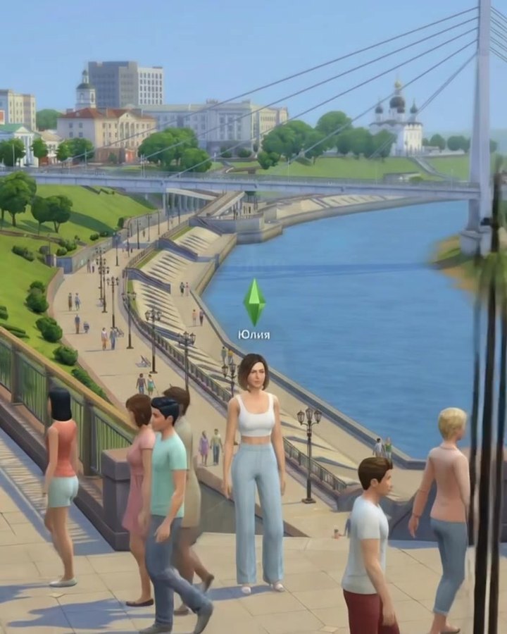 Video-game style AI animation of a city embankment