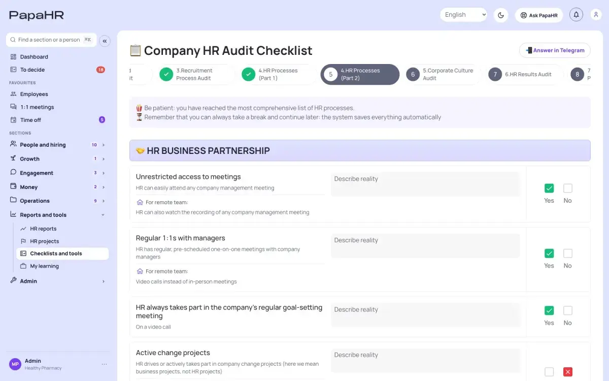 PapaHR company HR audit checklist: questions with Yes and No answers