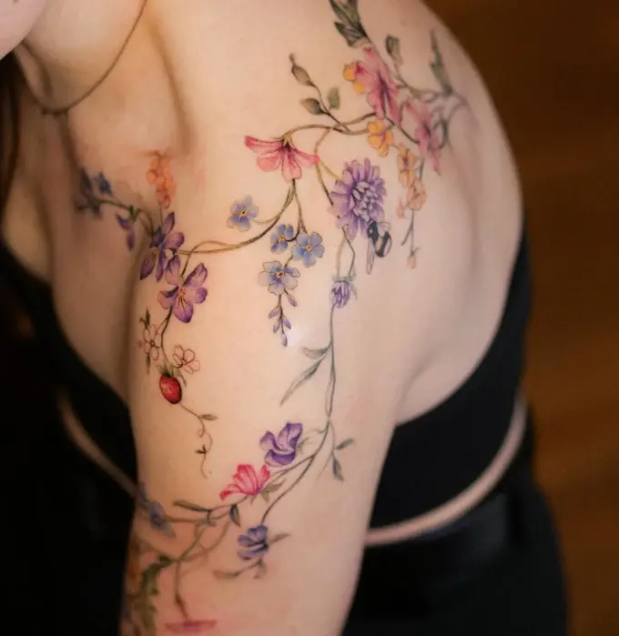 Flowers across the shoulder and upper back