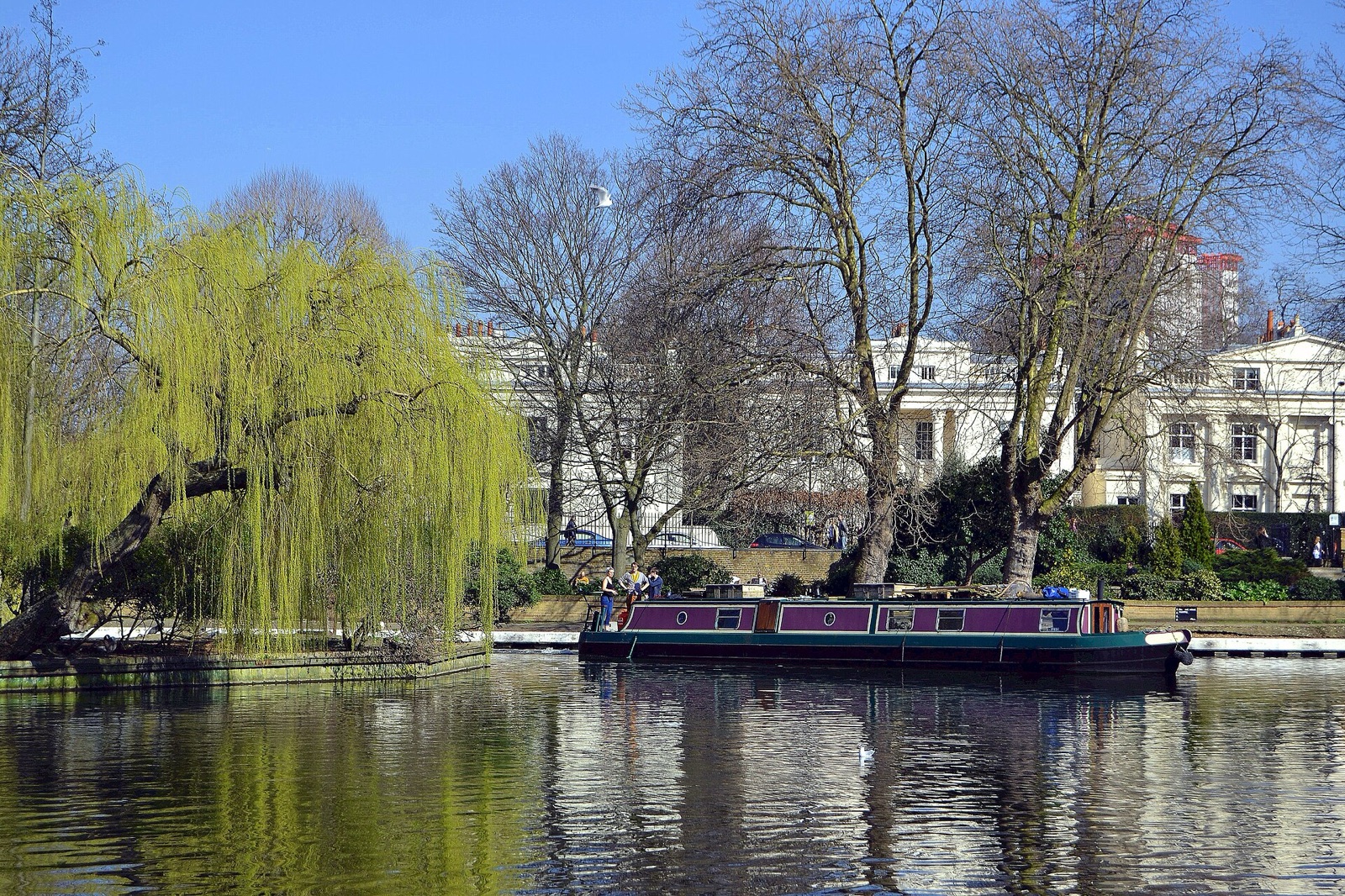 Ива и лодки на канале в Little Venice