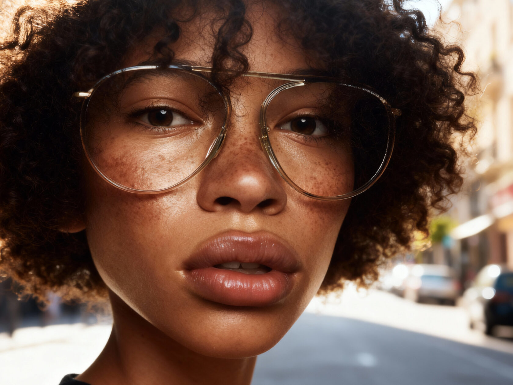 AI character eyewear study: frontal close-up