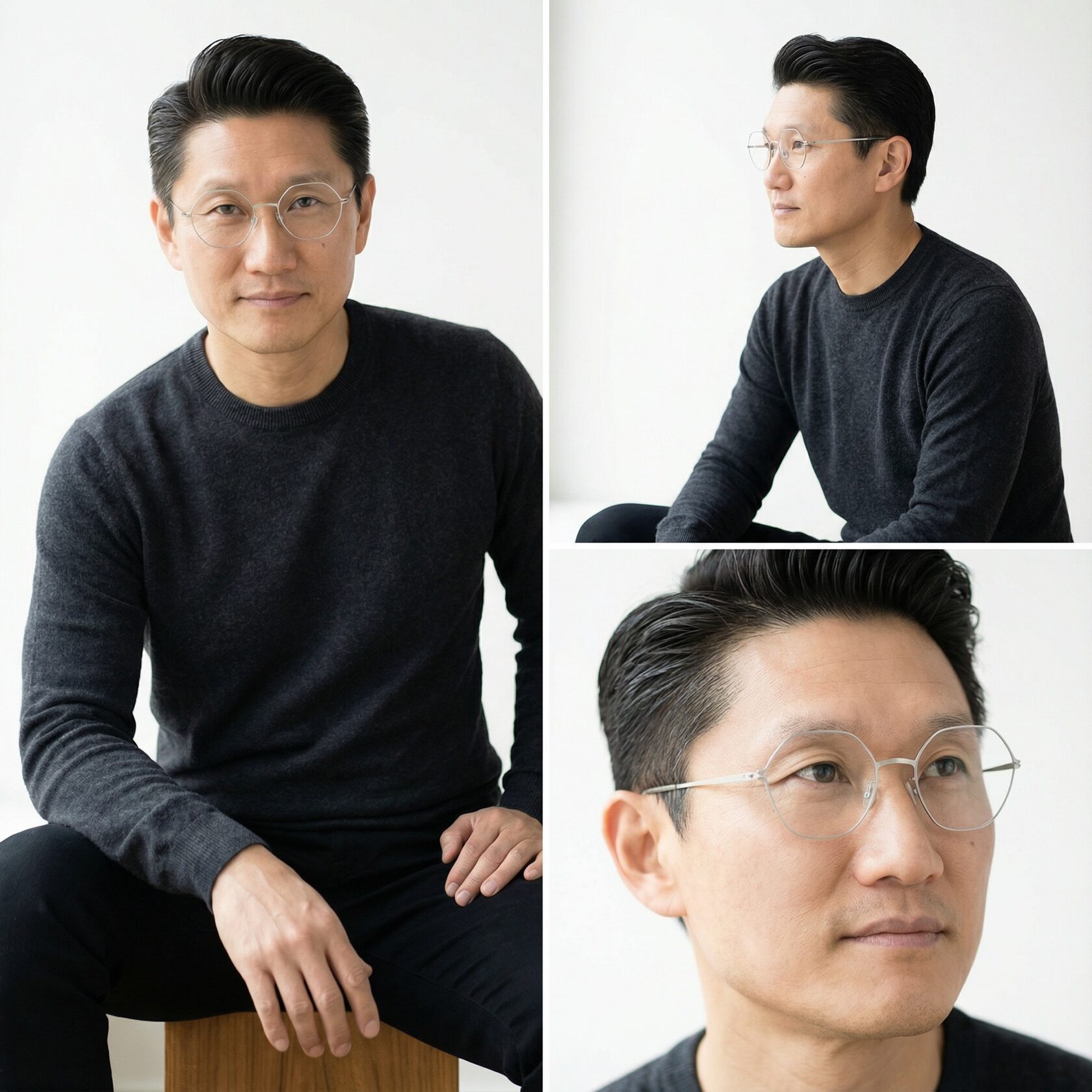 AI character with integrated eyewear shown from several viewpoints