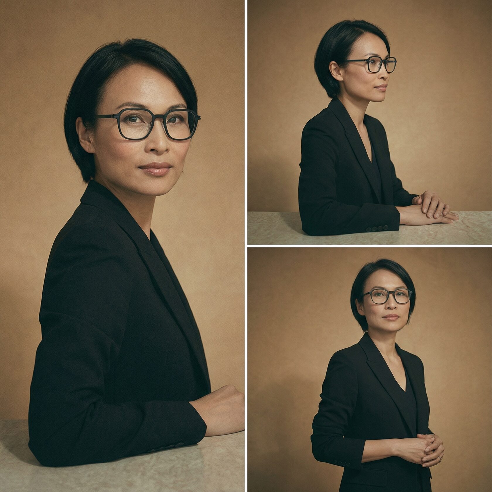 AI character with integrated eyewear shown from several viewpoints