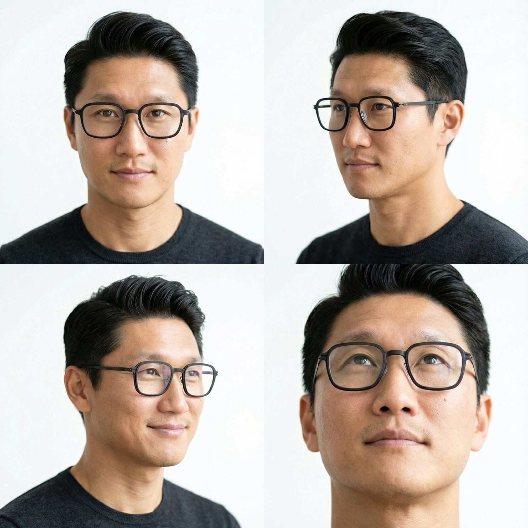 AI character with integrated eyewear shown from several viewpoints