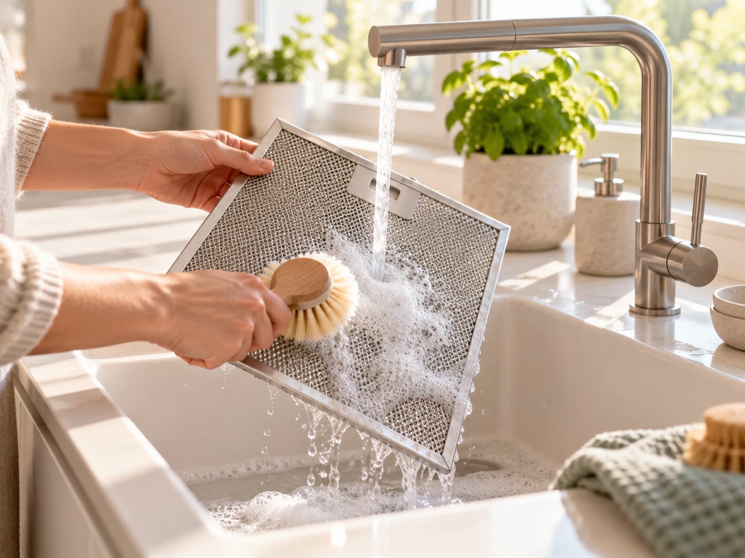 Symbolbild: Metall-Fettfilter einer Dunstabzugshaube wird unter flie&szlig;endem Wasser in der Sp&uuml;le gereinigt. Ein sauberer Filter h&auml;lt bei Umluft mehr Fett zur&uuml;ck, erkl&auml;rt Shikardos Reinigung aus Frankfurt.