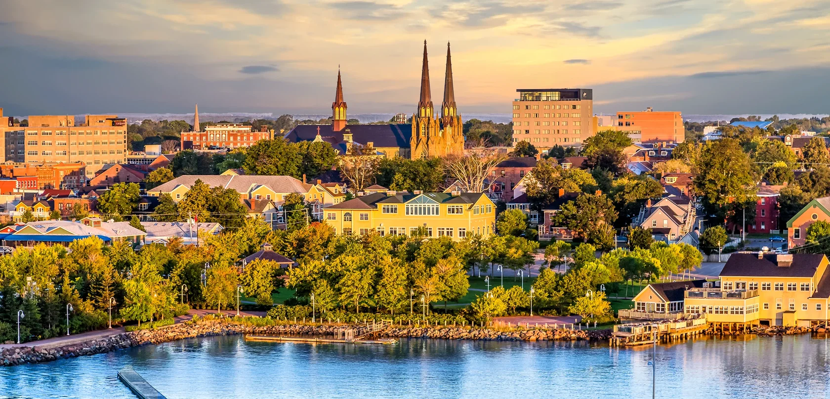 Charlottetown skyline and church spires on Prince Edward Island.