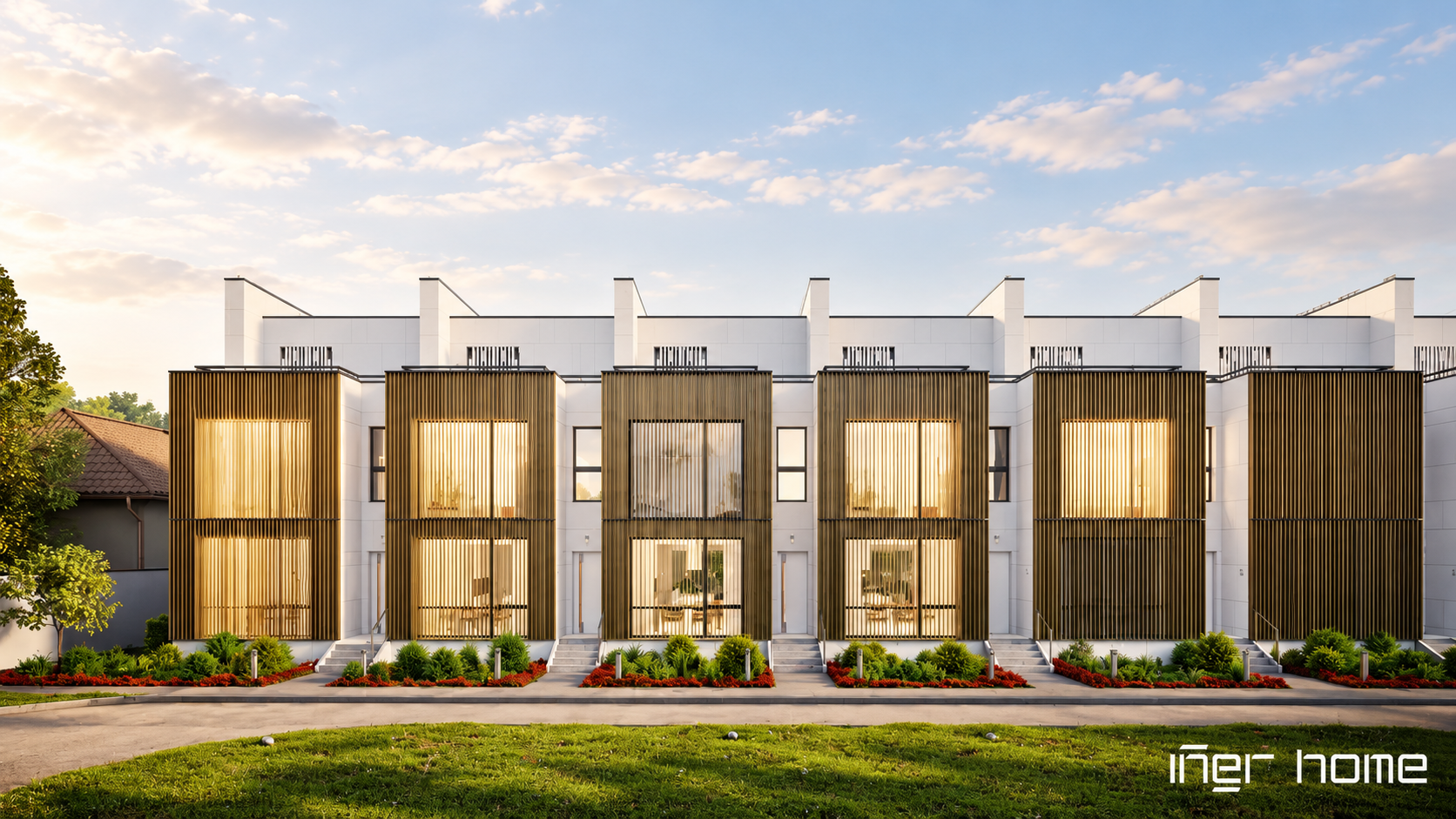 Iner Home — фронтальный вид ряда таунхаусов и зелёный газон