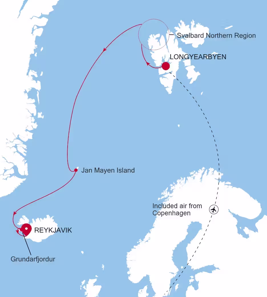 Mapa de la ruta de Longyearbyen a Reykjavik pasando por la isla Jan Mayen, con vuelo incluido desde Copenhague