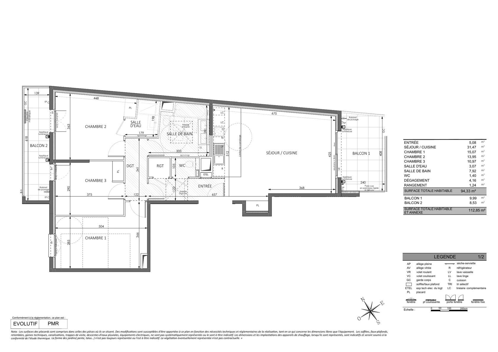 Floor plan of the 94.33 sq m new-build apartment in Beausoleil