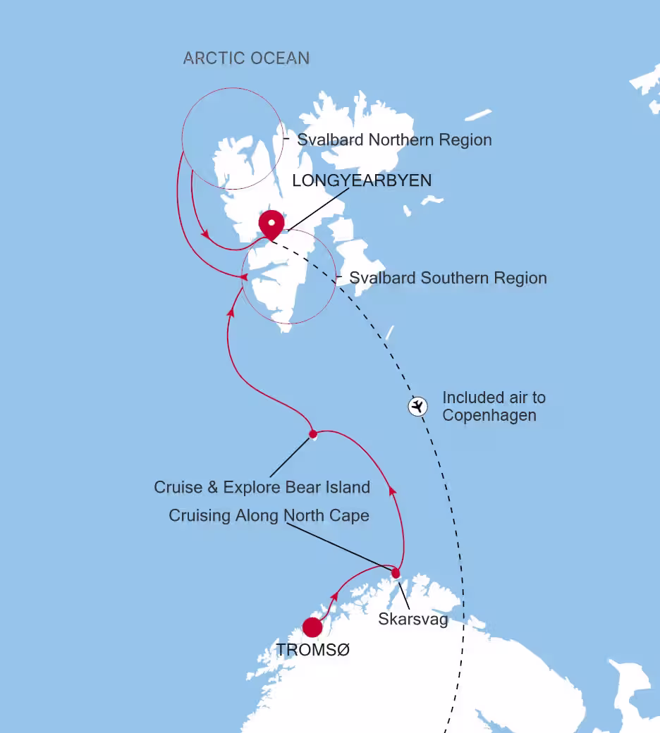 Mapa de la ruta de Tromsø a Longyearbyen, en Svalbard, con vuelo incluido a Copenhague