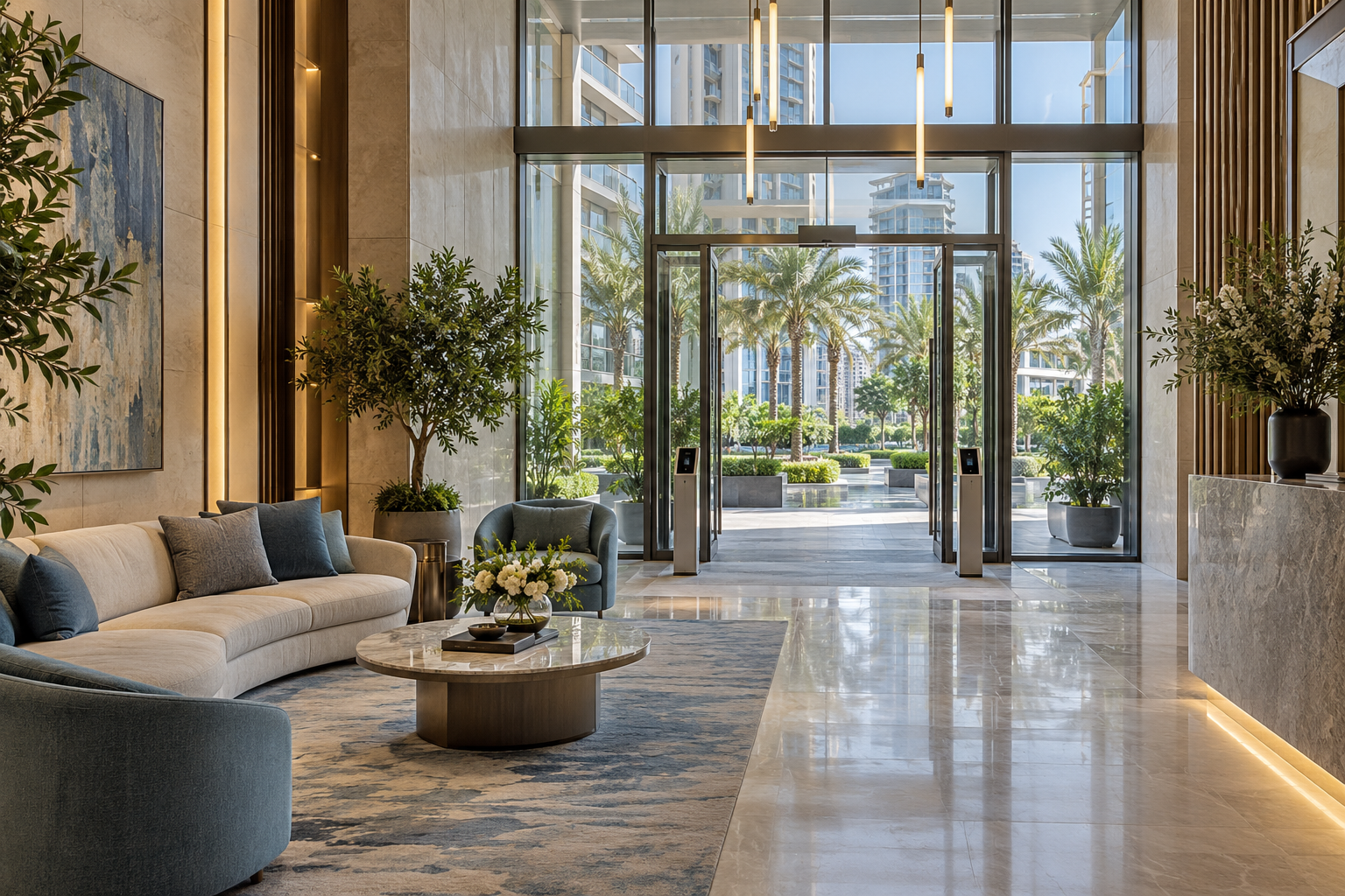 Illustrative residential lobby with access controls and landscaped entrance
