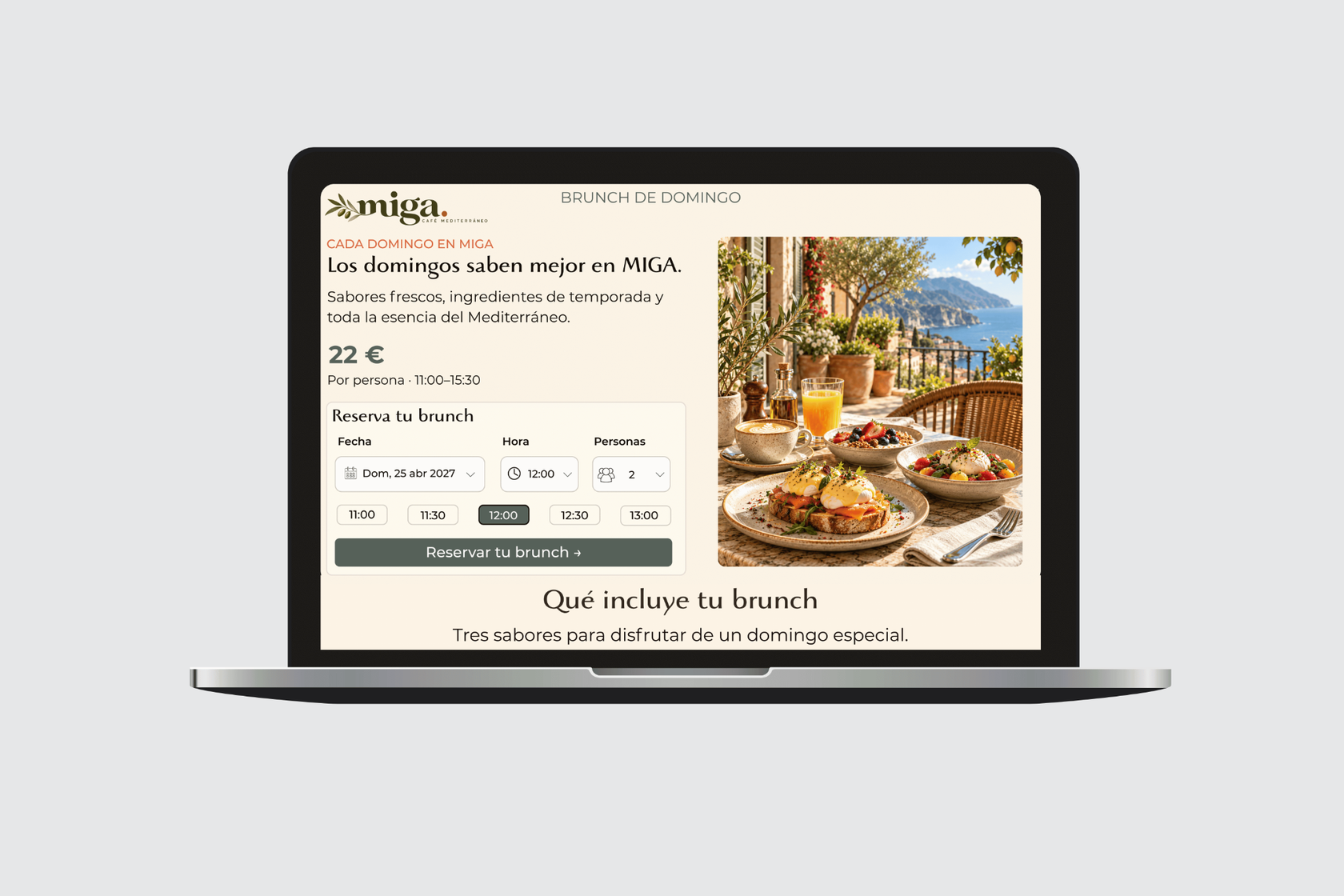 Diseño de Landing Page para reservas online. Proyecto MIGA.