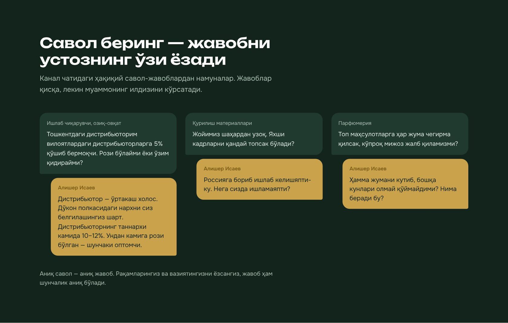Савол беринг — жавобни Алишер Исаевнинг ўзи ёзади. Чатдаги савол-жавоб намуналари.