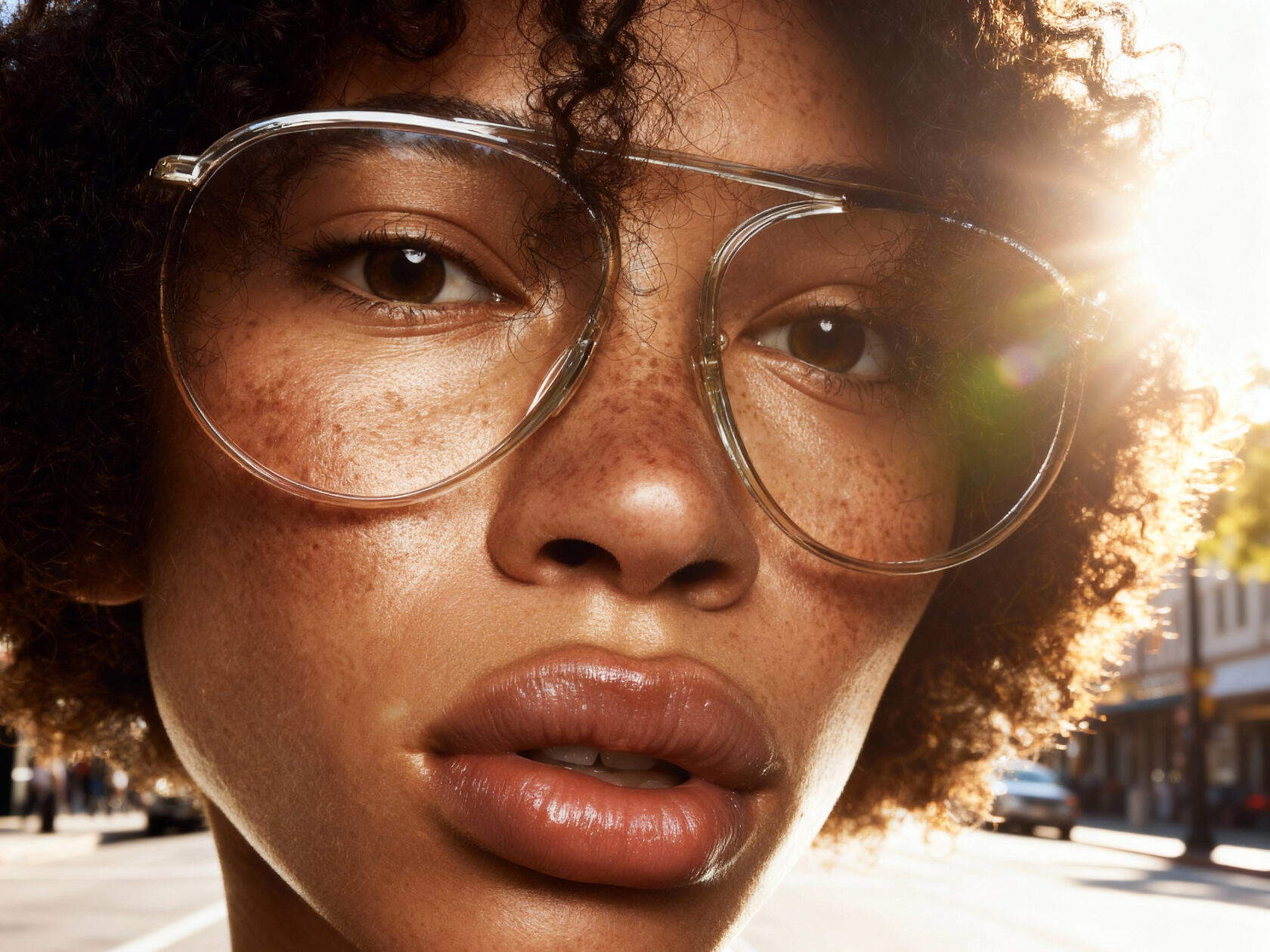 AI character eyewear study: close-up · light & lens reflections