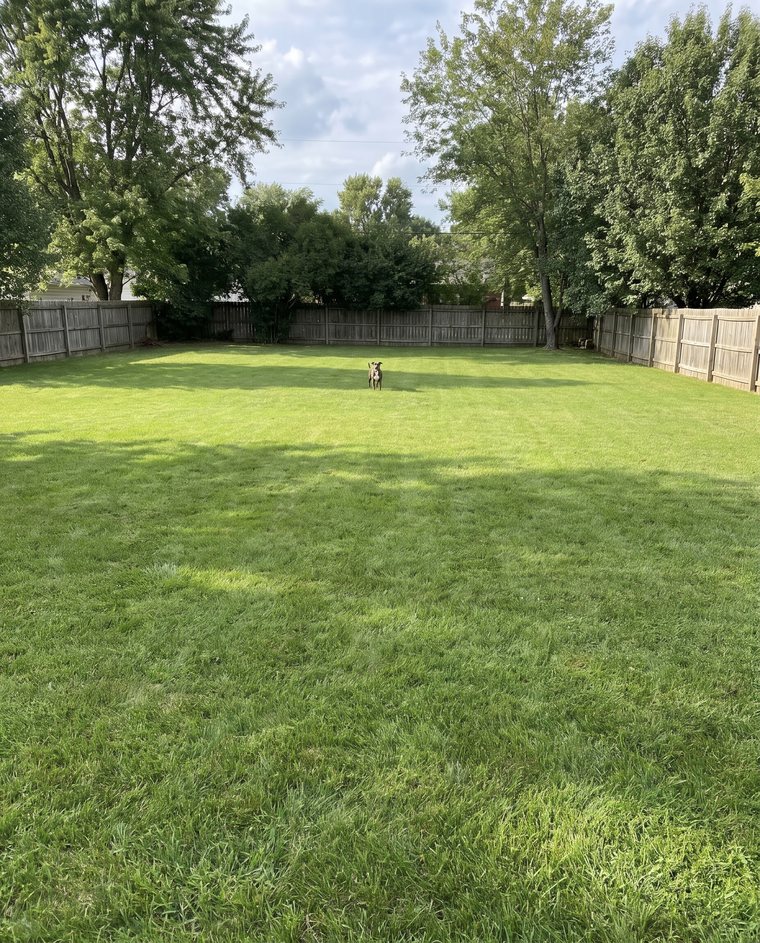 Dog far away in a backyard