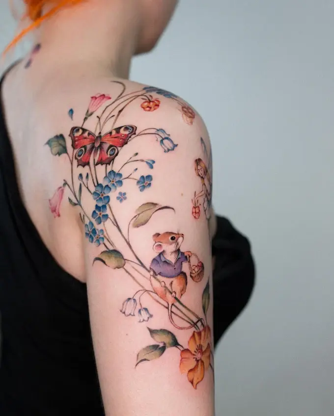 Flowers, a butterfly and a character
