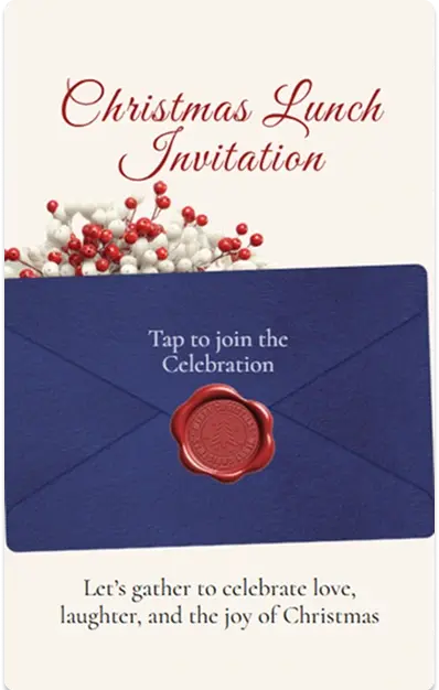 Envelope screen: Christmas Lunch Invitation title, blue envelope with a red wax seal and the words Tap to join the Celebration