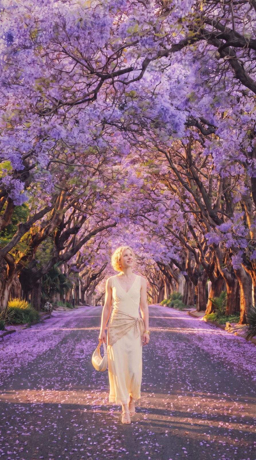 AI photoshoot: a model on a jacaranda street in Brisbane