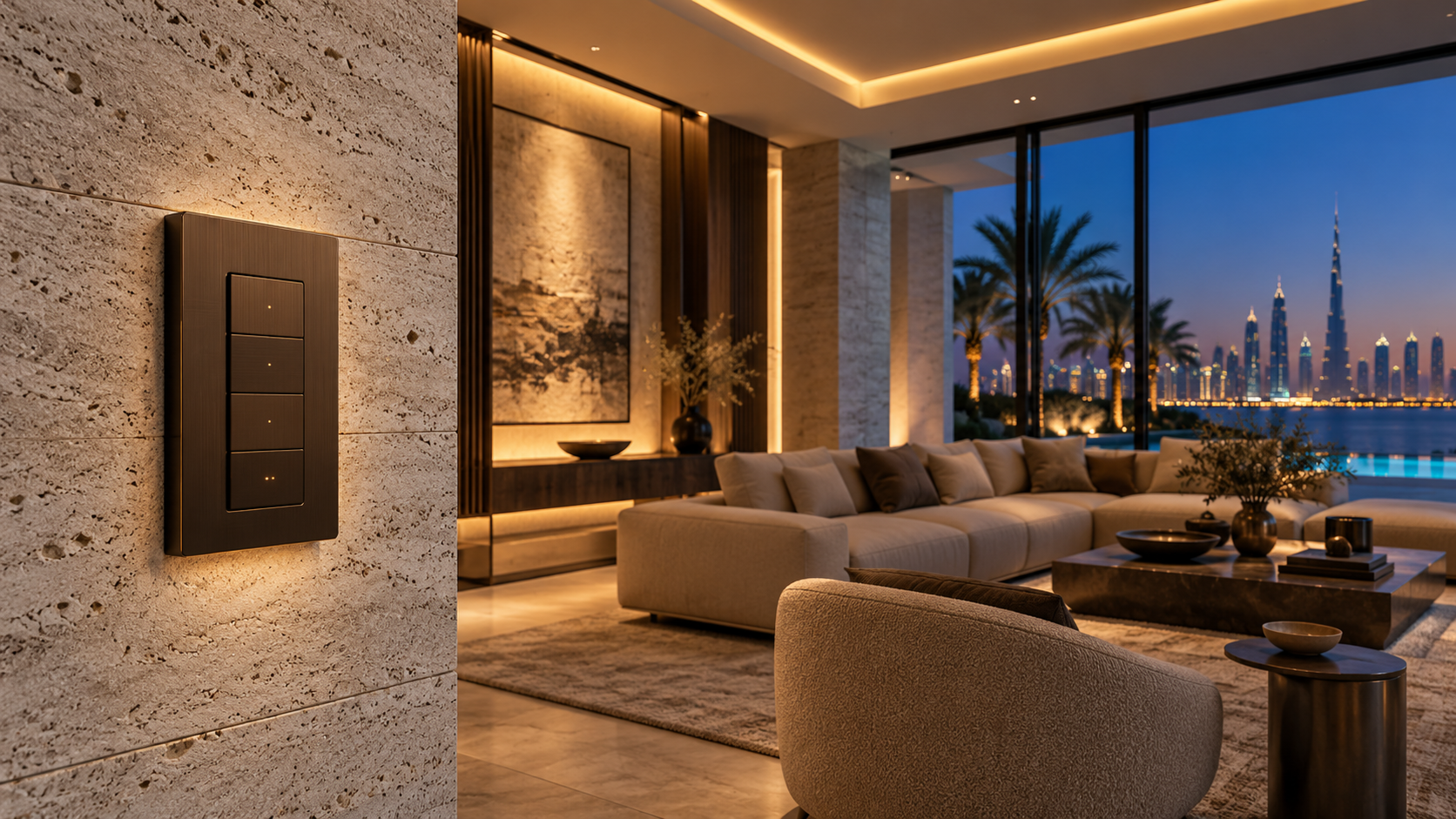 Elegant wall keypad and layered lighting in a contemporary Dubai interior