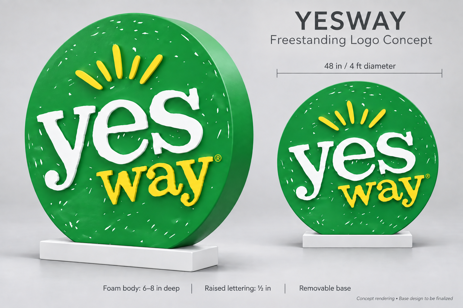 Concept rendering for the Yesway 4-foot freestanding logo display, shown before fabrication