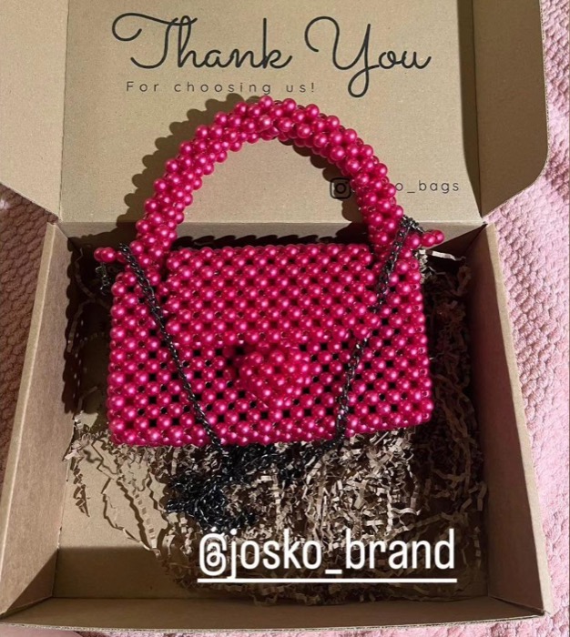 Customer Instagram story tagging @josko_brand: pink beaded bag in its box