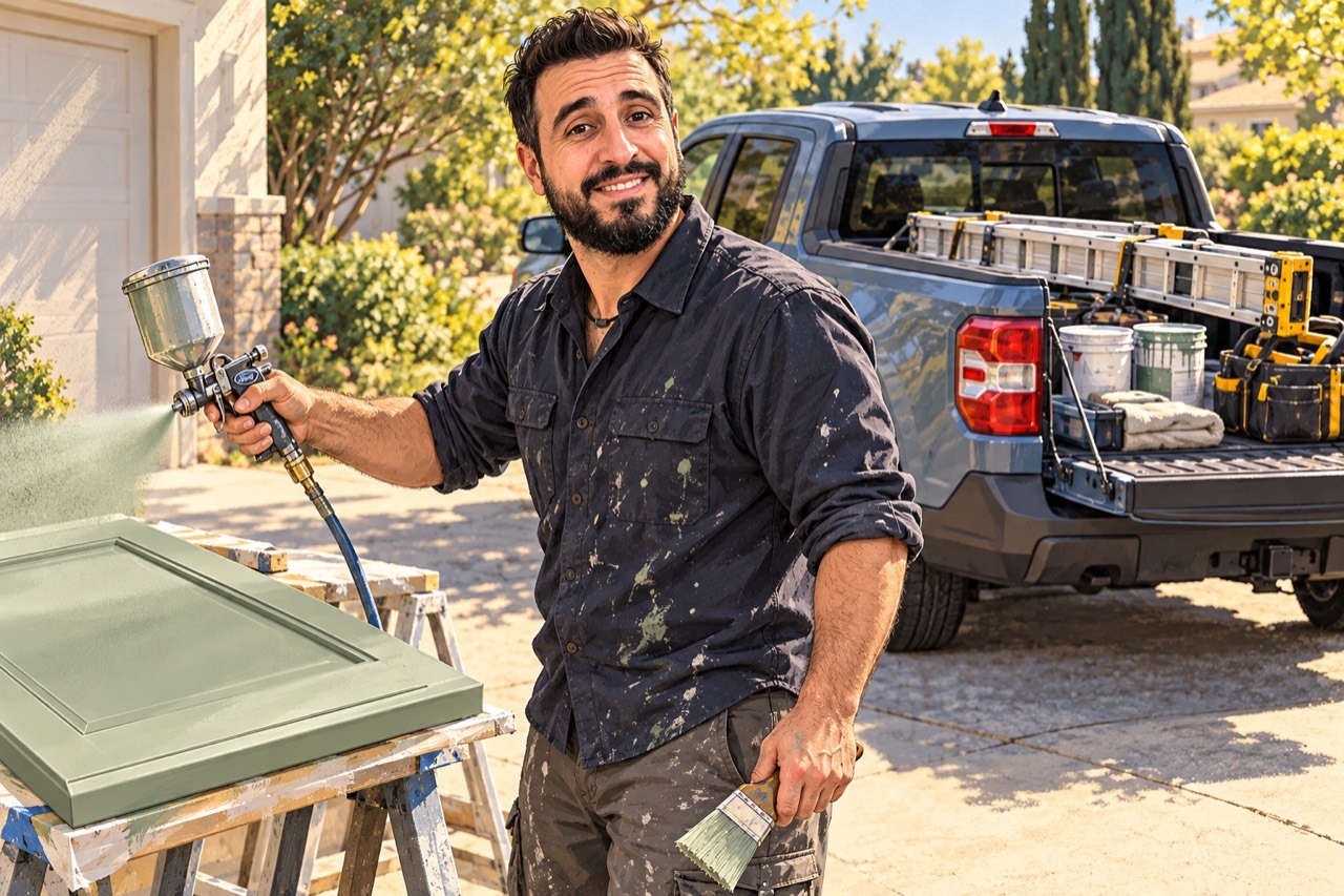 Illustration of a painter beside a green cabinet door and a work truck