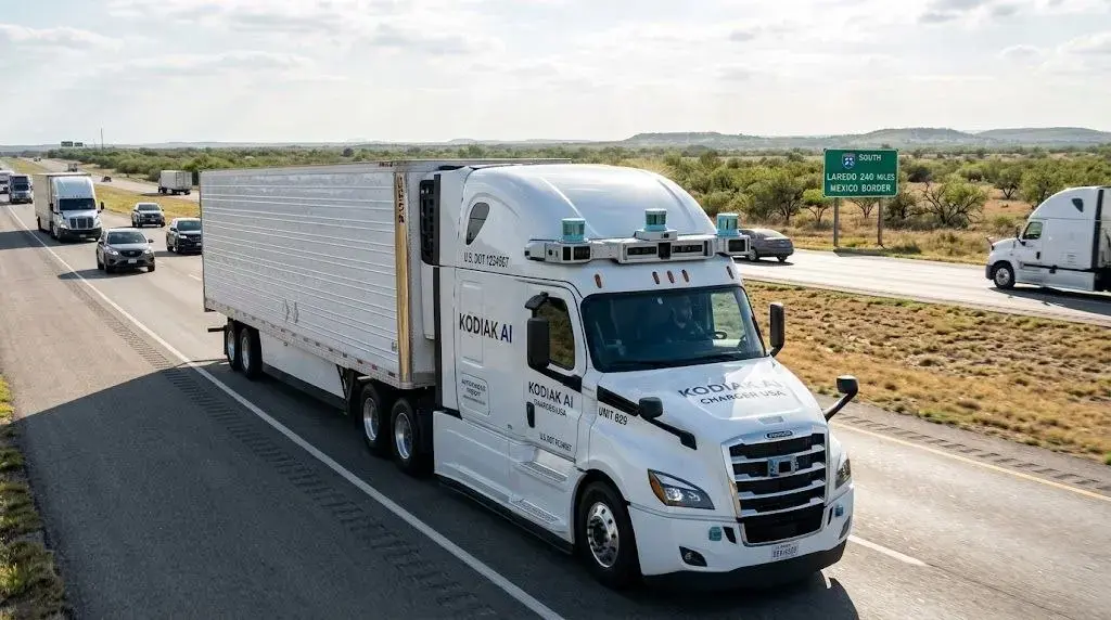 Kodiak AI autonomous semi-truck operating on Texas highway corridor