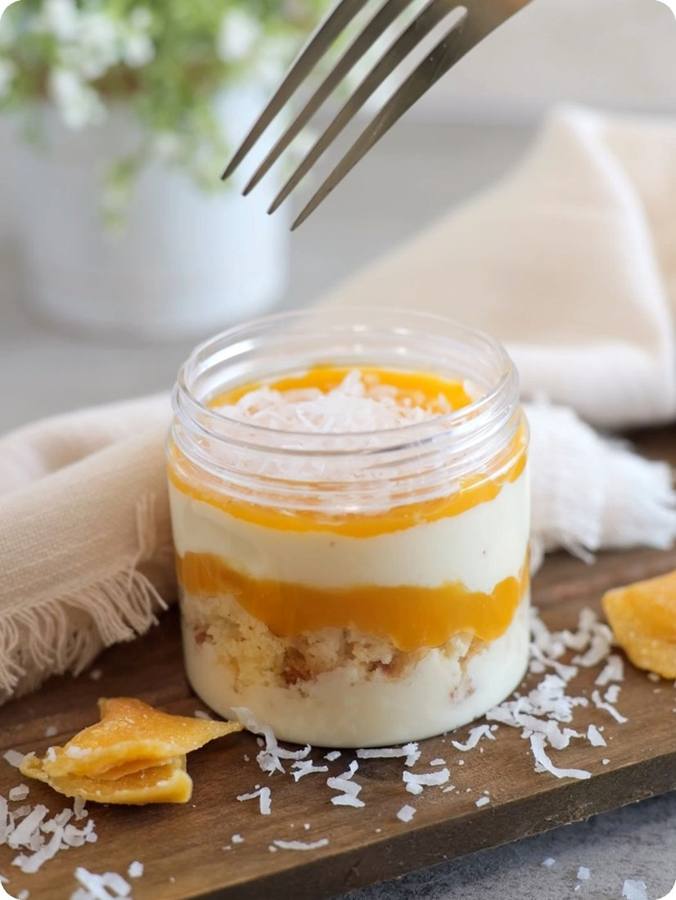 Mango Coconut Exotic dessert jar with a fork