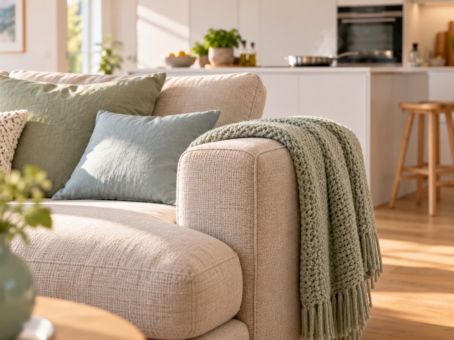 Symbolbild: salbeigr&uuml;nes Strickplaid &uuml;ber der Armlehne eines hellen Sofas auf der K&uuml;chenseite. Shikardos Reinigung aus Frankfurt empfiehlt eine waschbare Decke als Schutz in der Wohnk&uuml;che.