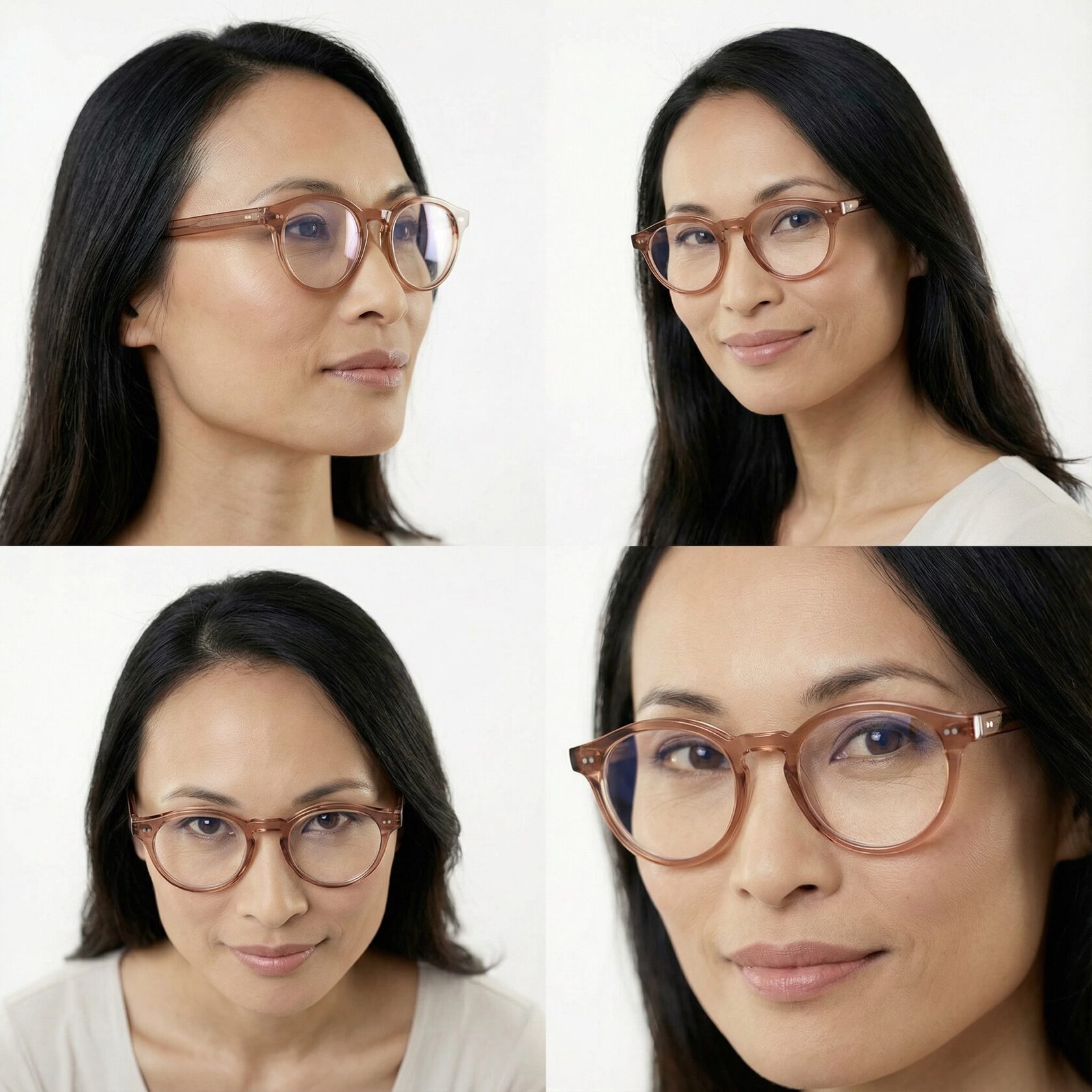 AI character with integrated eyewear shown from several viewpoints